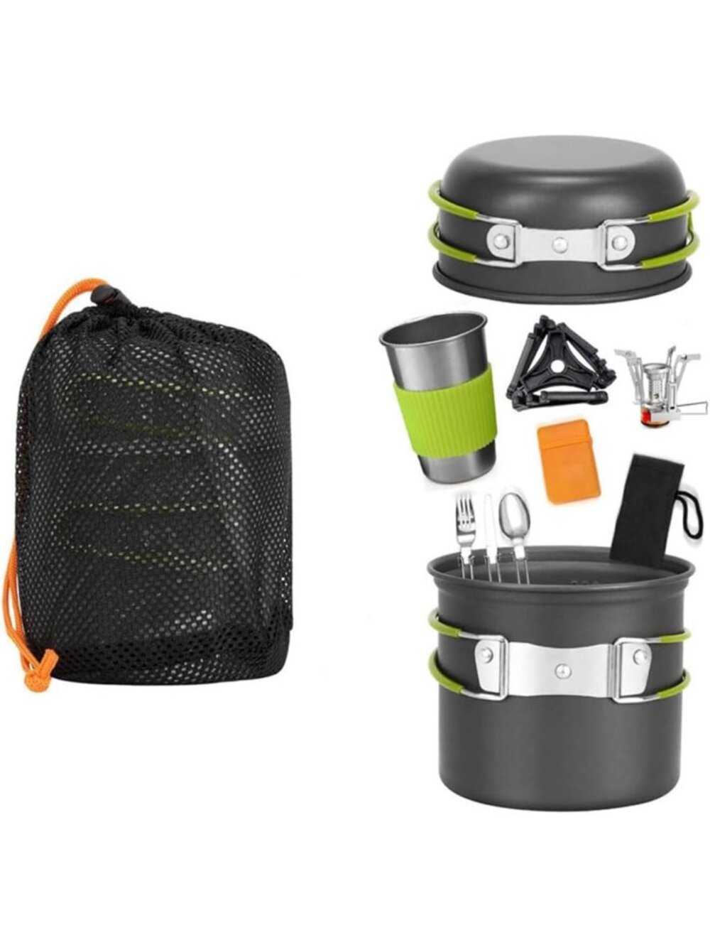 Camping Cookware Set with Tripod, Stainless Steel Cup, Fork & Spoon for Hiking